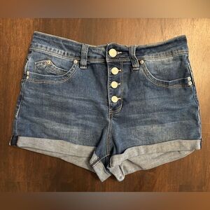 YMI WannaBettaButt booty lifting cuffed blue jean button fly shorts with stretch